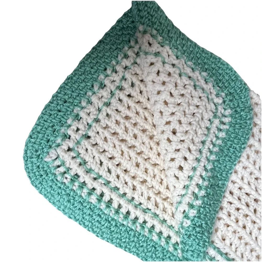 Handmade Crochet‎ Baby Blanket Afghan  Antique White Green Border Neutral New